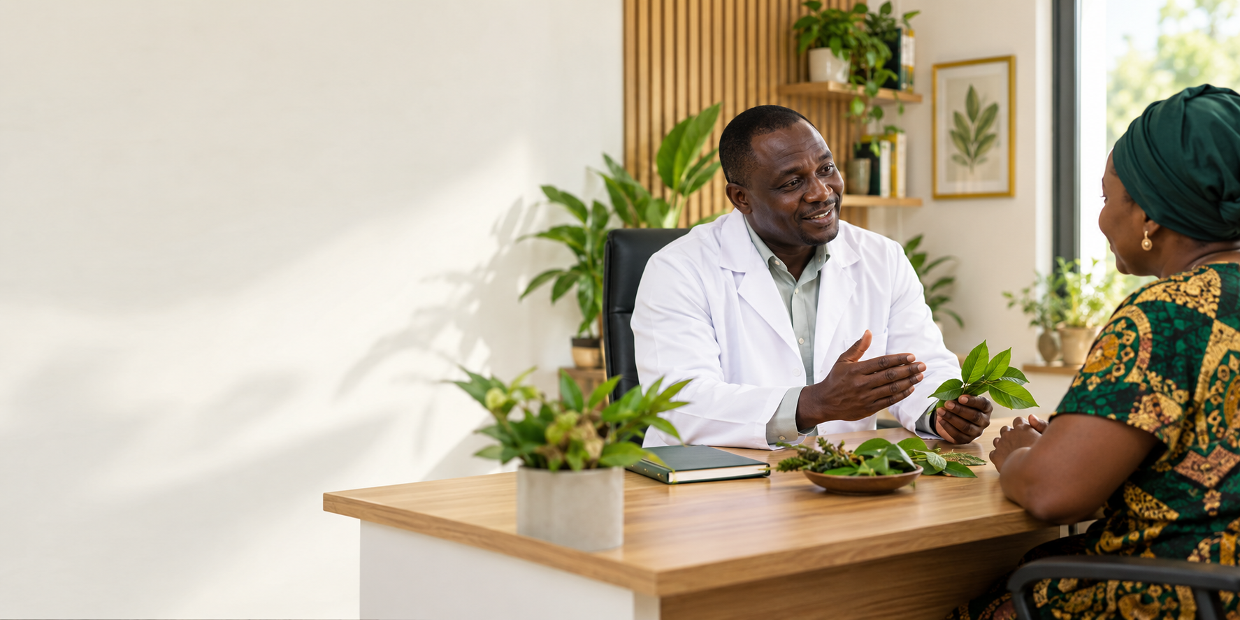 A professional traditional medicine practitioner consulting with a client